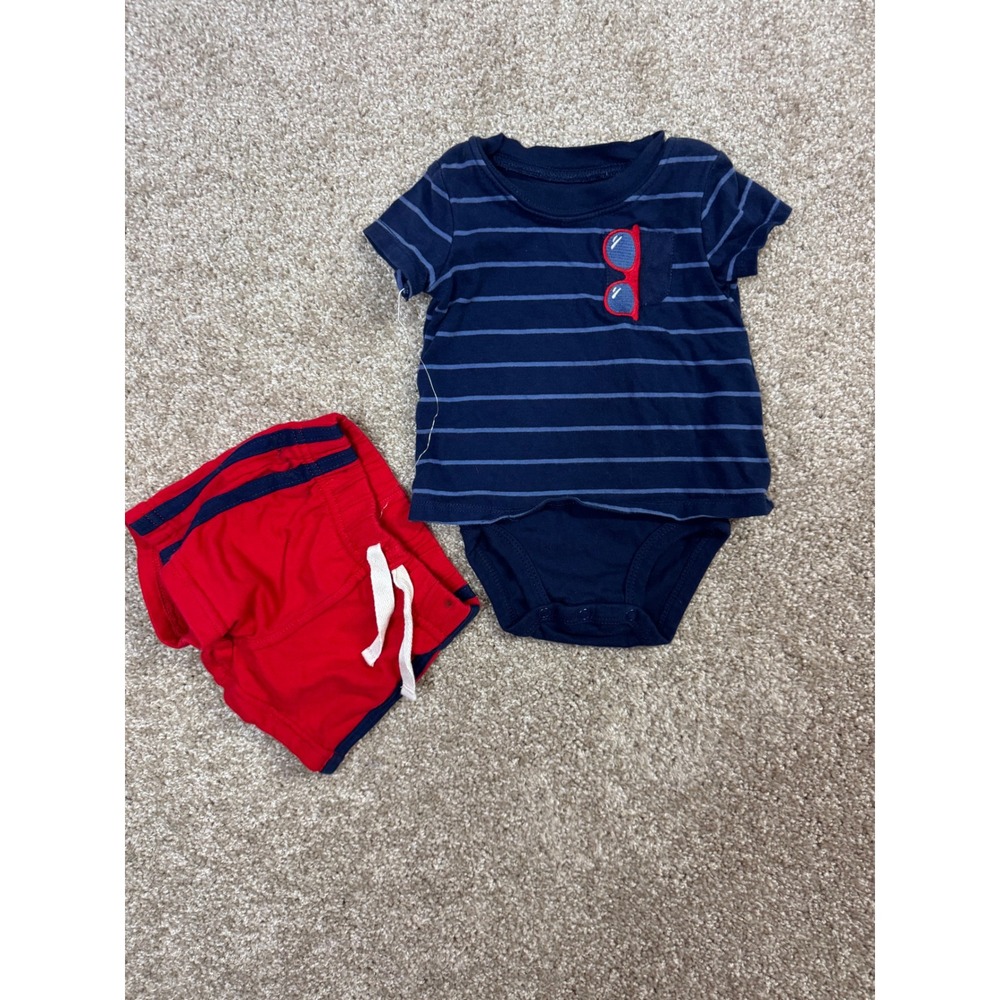 Just One You Carters Baby Boy 2pc Set Navy Blue Striped Bodysuit Red Shorts 3M